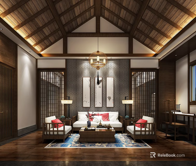 Elegant New Chinese Style Solid Wood Multi Person Sofa Set For Cozy Spacious Living Room 3d model 
