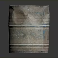 Rusted Metal Barrel With White Lid And Blue Text On Dark Background
