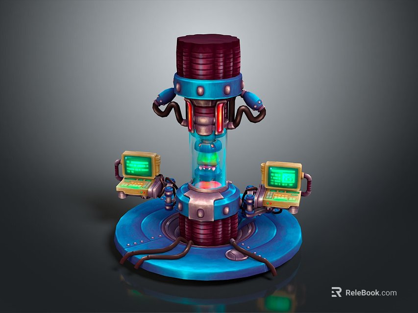 Blue Mechanical Device With Red Accents And Two Green Screen Units On Circular Base 3d model 