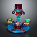 Blue Mechanical Device With Red Accents And Two Green Screen Units On Circular Base