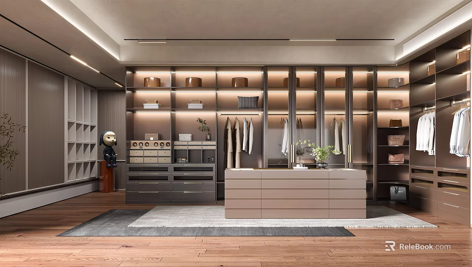 Modern Walk-in Closet Interior With Built in Lighting Multiple Cabinets Shelves And Wooden Flooring 3d model 