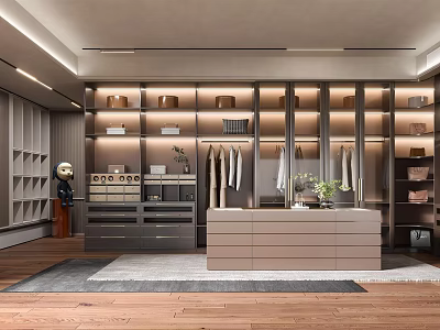 Modern Walk-in Closet Interior With Built in Lighting Multiple Cabinets Shelves And Wooden Flooring 3d model