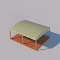 Outdoor Patio Cover With Striped Awning Wooden Posts And Red Brick Floor