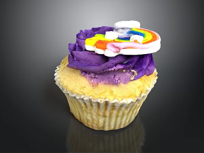 Delicious Cupcake With Purple Frosting And Rainbow Decoration On Black Background 3d model