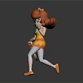 Little Girl with Orange Pigtails Running Holding Tennis Racket in Yellow Orange Dress
