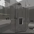 Modern Hotel Bathroom With Glass Shower Enclosure Double Vanity Marble Walls And Recessed Lighting