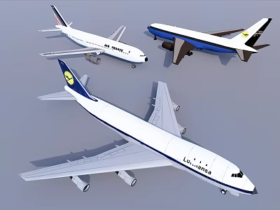 Three Commercial Airliners Displayed In Clear Background 3d model