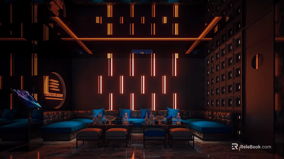 Modern KTV Interior With Neon Lights Blue Sofas Round Decorations Dark Walls And Marble Floors 3d model 