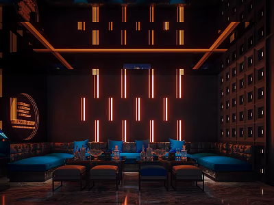 Modern KTV Interior With Neon Lights Blue Sofas Round Decorations Dark Walls And Marble Floors 3d model