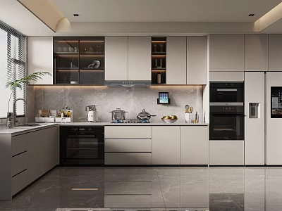 Modern Kitchen Interior Design With Gray Cabinets Built in Appliances And Polished Countertop 3d model