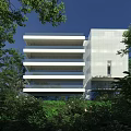 Modern White Office Building With Glass Facade And Lush Green Surroundings