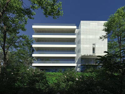 Modern White Office Building With Glass Facade And Lush Green Surroundings 3d model