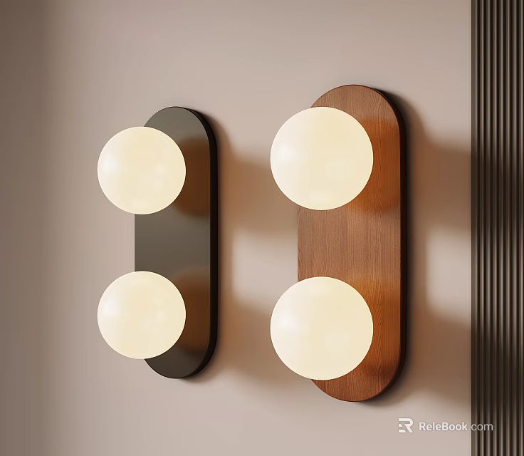 Two Modern Wall Sconces with Round White Shades and Black Walnut Bases 3d model