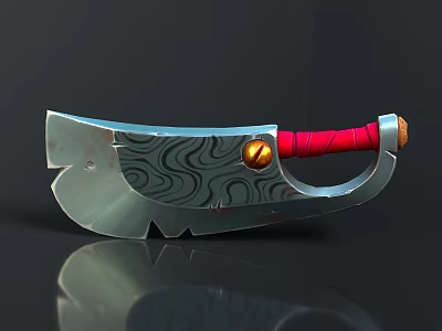 Ornate Metal Axe With Wavy Pattern Blade Red Wrapped Handle And Golden Accent 3d model