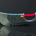 Ornate Metal Axe With Wavy Pattern Blade Red Wrapped Handle And Golden Accent