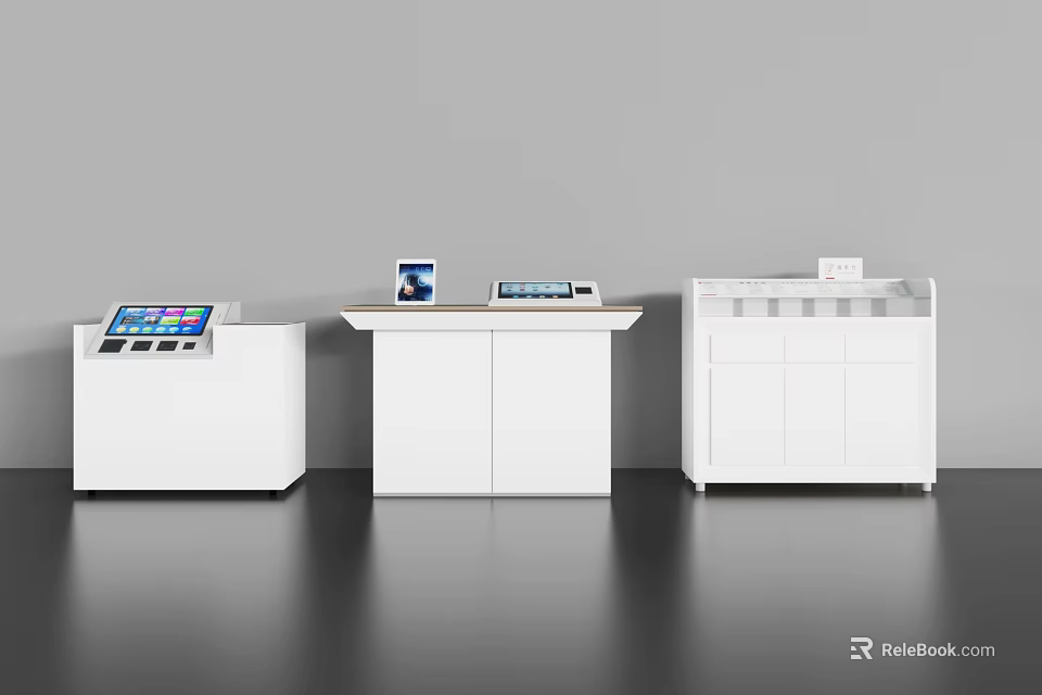 Three White Functional Desks Featuring Control Panel Tablet and Storage Compartments 3d model