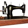 Vintage Industrial Sewing Machine Featuring Black Metal Components Wooden Base And Golden Decorative Patterns