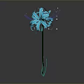 Blue Flower Featuring Slender Petals And Green Stem On Gray Background With Small Light Spots