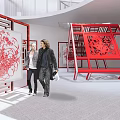 Artistic Interior Space Featuring Red Structures Spiral Staircase And White Wavy Decor 3d model