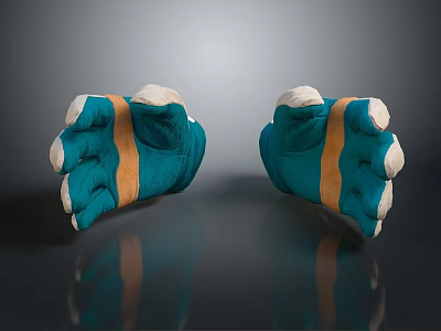 Teal Gloves With Orange Straps White Fingers On Black Surface With Reflection 3d model