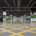 Modern Parking Lot with Parked Cars Floor Markings Arrows And Green White Columns