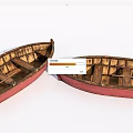 Vintage Wooden Boats With Red Hull And Intricate Wooden Interior Structure