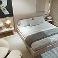 Modern Bedroom Interior Featuring Comfortable Bed Striped Rug Artwork With Letter R And Window Blinds