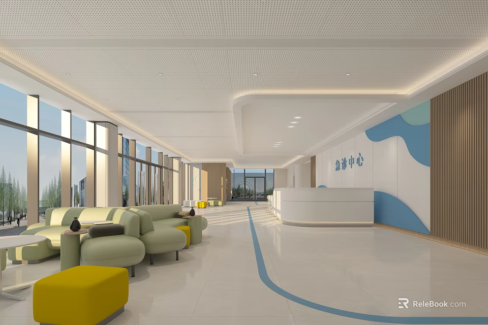 Modern Hotel Lobby Interior Design With Large Windows Green Sofas And White Reception Desk 3d model 