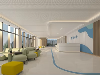 Modern Hotel Lobby Interior Design With Large Windows Green Sofas And White Reception Desk 3d model