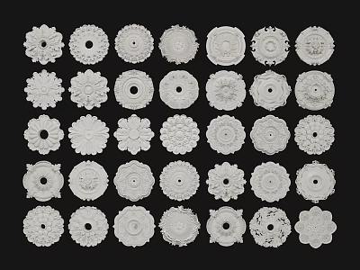 White Ceiling Roses With Various Decorative Patterns In Arranged 3d model