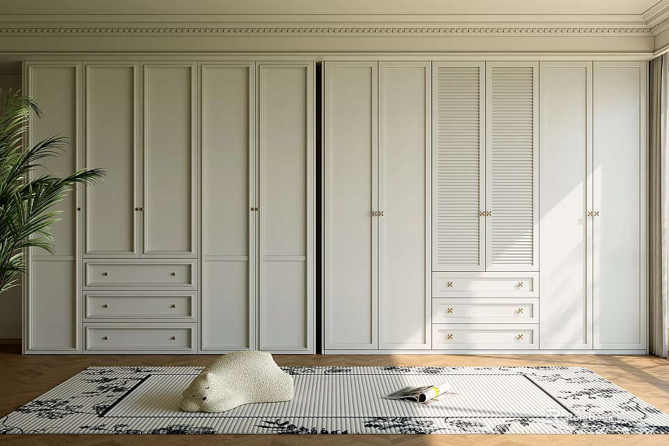 Modern White Wardrobe With Sliding Louvered Doors And Drawers In Interior Design 3d model 