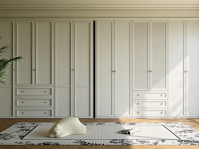 Modern White Wardrobe With Sliding Louvered Doors And Drawers In Interior Design 3d model