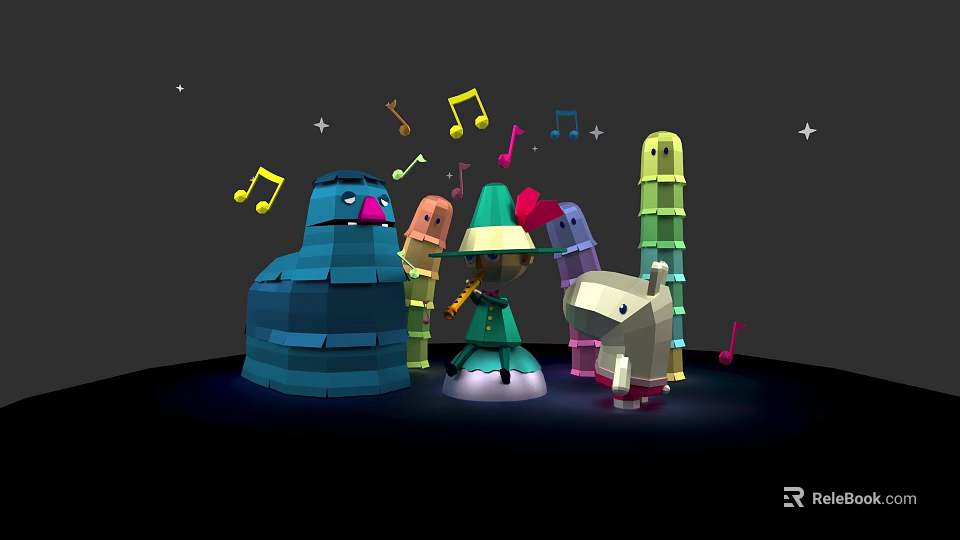 Colorful Block Style Cartoon Characters With Musical Notes And Stars Playing Together 3d model 