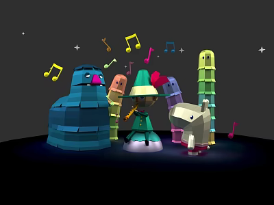 Colorful Block Style Cartoon Characters With Musical Notes And Stars Playing Together 3d model