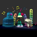 Colorful Block Style Cartoon Characters With Musical Notes And Stars Playing Together