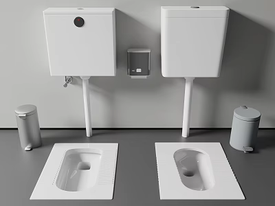Two Modern Squat Toilets With Wall Mounted Water Tanks And Side Trash Cans 3d model