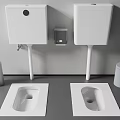 Two Modern Squat Toilets With Wall Mounted Water Tanks And Side Trash Cans