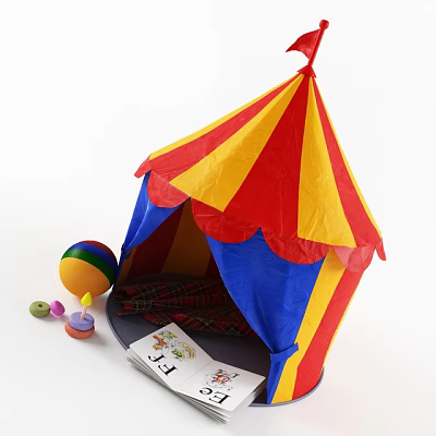 Colorful Red Yellow Blue Striped Children's Play Tent With Colorful Ball Toys And Open Book 3d model