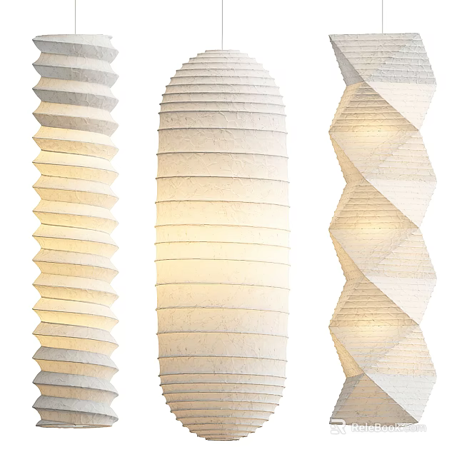Three Unique White Chandeliers With Layered Textured Shades And Modern Design 3d model 
