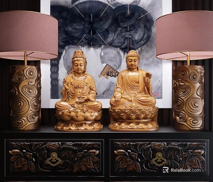 Two Exquisite Gold Buddha Sculpture Carvings With Intricate Patterns And Lamp Bases On Decorative Cabinet 3d model 