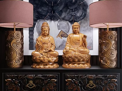 Two Exquisite Gold Buddha Sculpture Carvings With Intricate Patterns And Lamp Bases On Decorative Cabinet 3d model