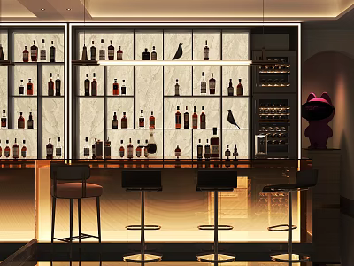 Modern Bar Interior With Wine Cabinet Bar Stools Marble Background And Lighting 3d model