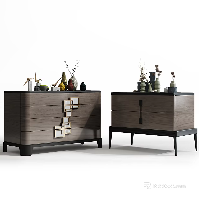 Modern Wooden Entryway Cabinet and Side Cabinet with Decorative Vases and Plant Ornaments 3d model 