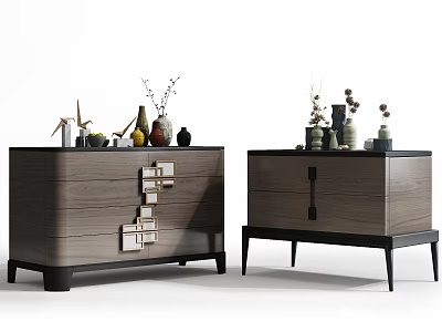 Modern Wooden Entryway Cabinet and Side Cabinet with Decorative Vases and Plant Ornaments 3d model