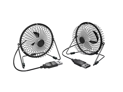 Portable USB Desk Fans with Black Metal Grille and Power Cords 3d model