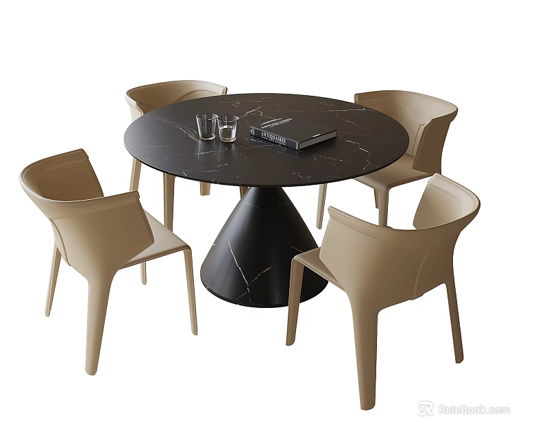 Stylish Round Black Table And Four Beige Chairs Set With Tabletop Decorative Items 3d model