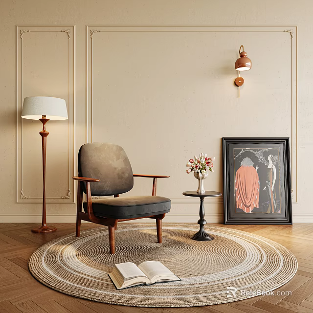 Gray Upholstered Accent Chair With Wooden Frame Woven Rug Side Table Flowers And Artwork 3d model 