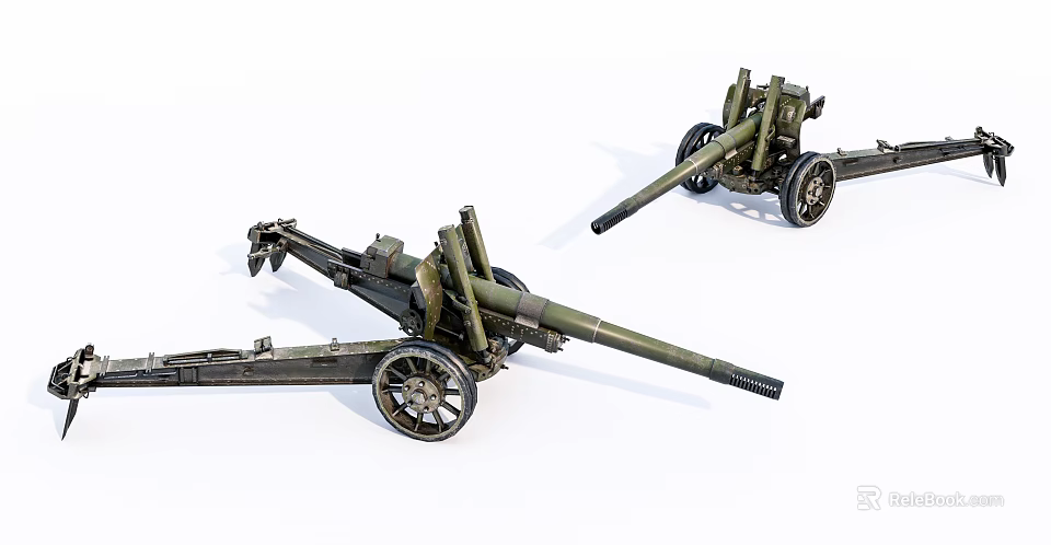 Vintage Green Military Cannons With Wheels And Long Barrels On 3d model 