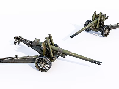 Vintage Green Military Cannons With Wheels And Long Barrels On 3d model