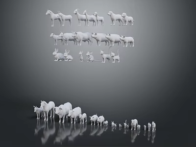 White Animal Models Featuring Various Animals Arranged in Layers with Reflections 3d model
